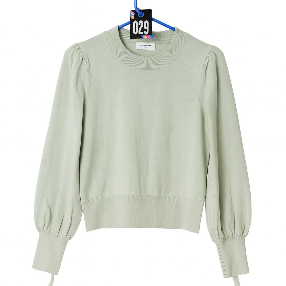 Babaton Sage Green Puff-Sleeve Crewneck Sweater